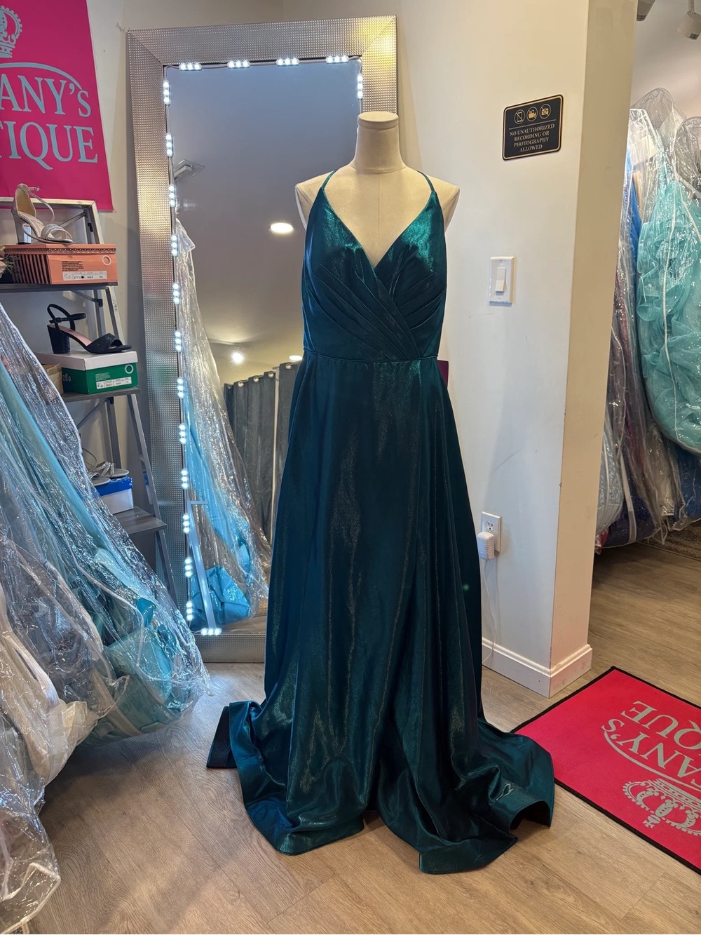 Deep Teal Satin V-Neck Prom Dress with Spaghetti Straps